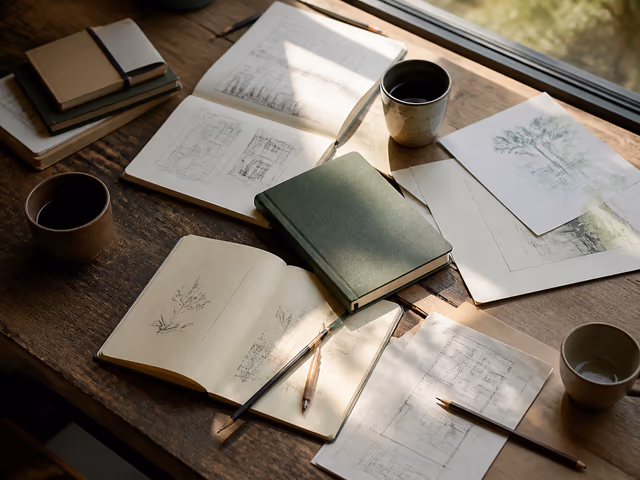 Carnets, croquis et notes organisés sur une table de travail